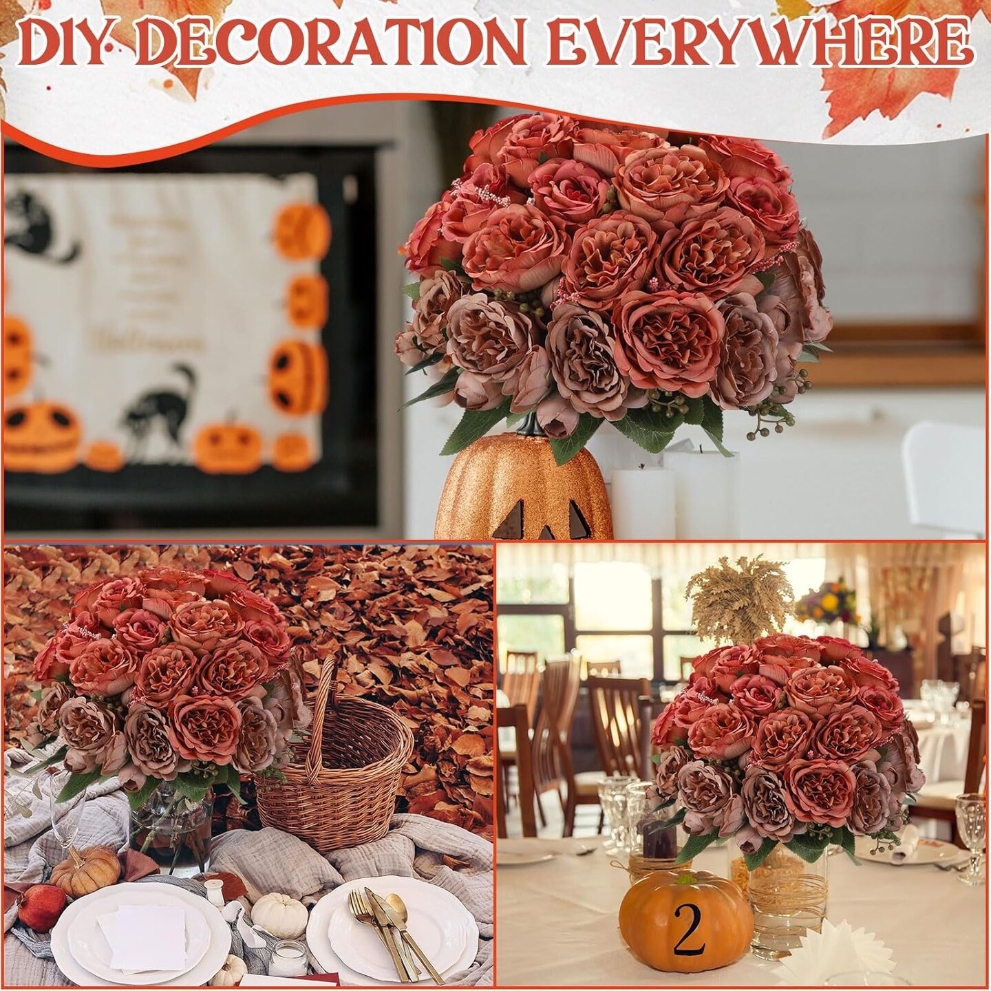 16 Bundles Artificial Peonies Flowers - Orange, Brown