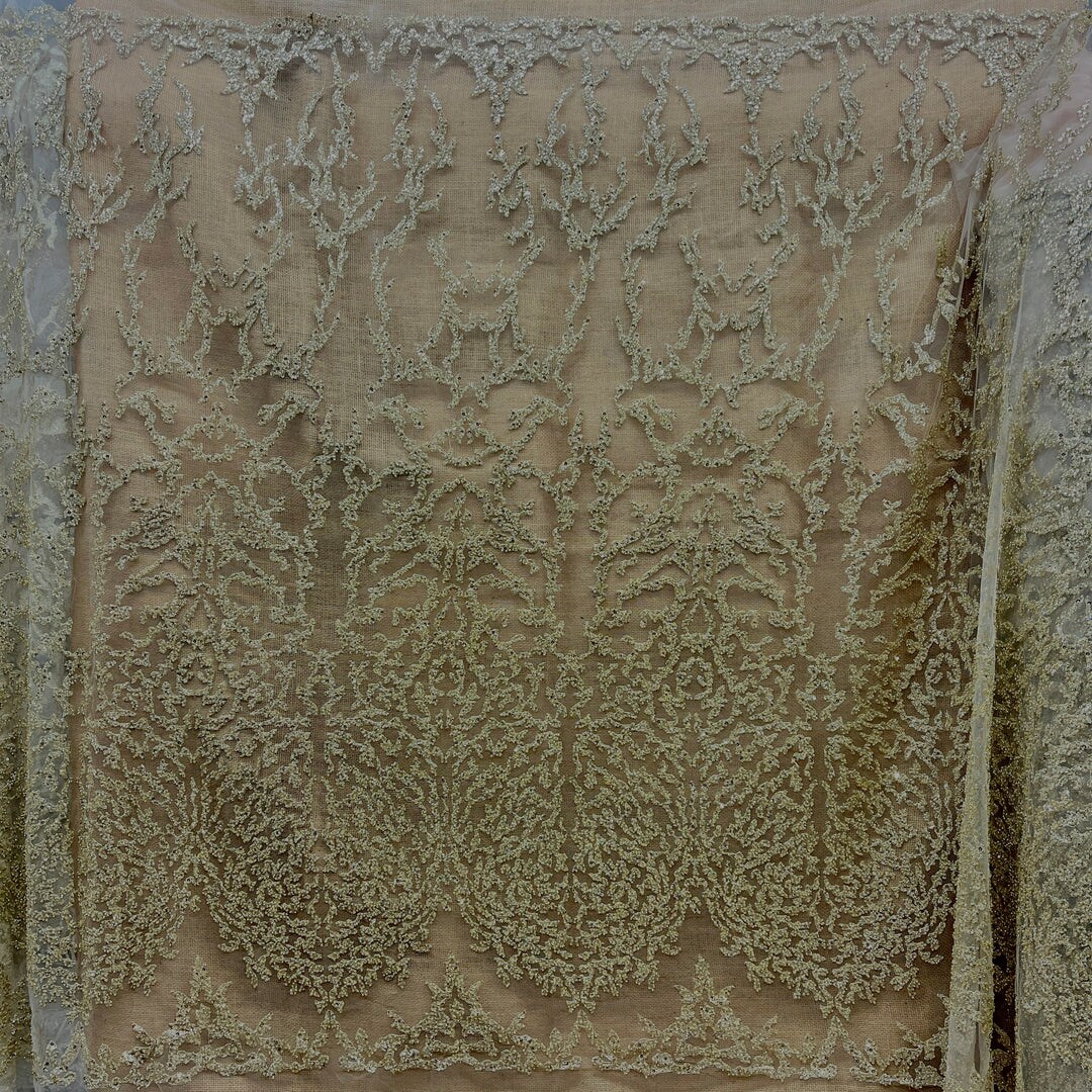 1 Yard Rose Gold Beaded Lace Fabric, Embroidered Polyester Mesh, 52" Wide