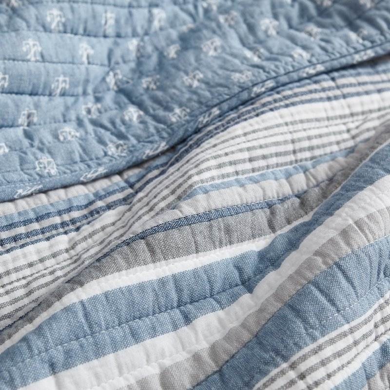 Lightweight Cotton Reversible Quilt Set Blue Grey White with Polyester Fill Machine Washable