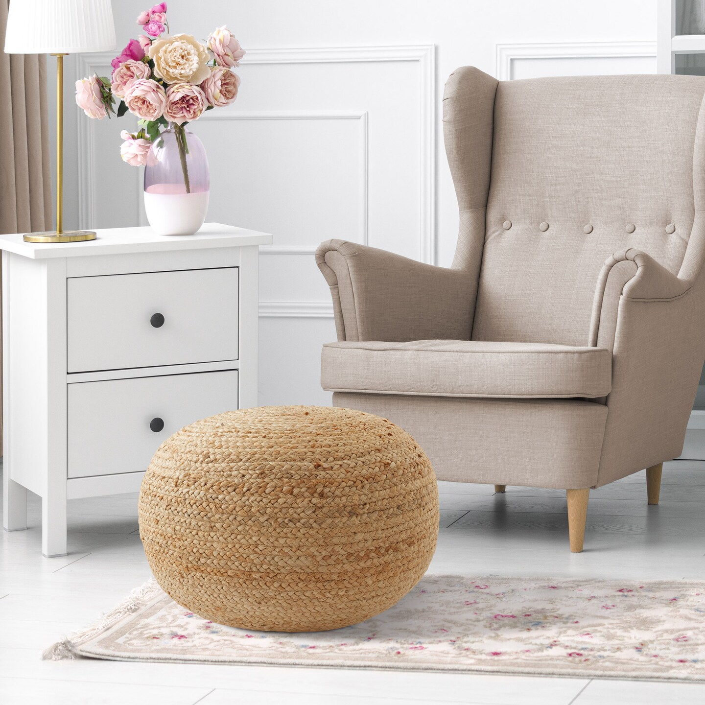 Hand-Braided Jute Pouf Ottoman Footrest, 19&#x22; Round x 10-1/2&#x22; High, Natural Woven Boho Floor Cushion, Home Decor for Living Room, Bedroom, Apartment
