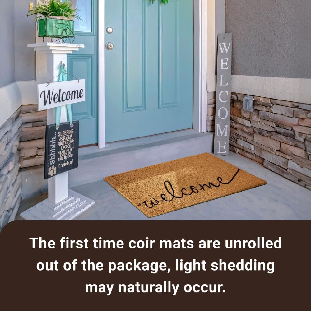 Coco Coir Door Mat with Heavy Duty Backing, Welcome Doormat (17" x 30"), Doormat Indoor Entrance (Cursive Welcome)