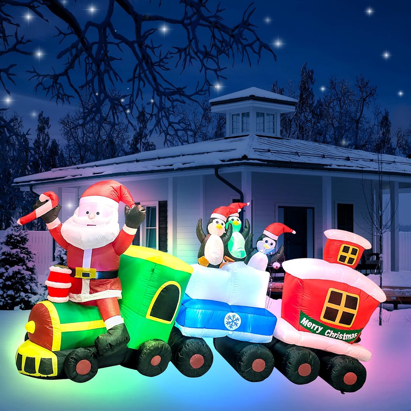 Christmas Inflatable Santa Train Decoration for Outdoor, 8ft Long Santa Claus Penguin Train Blow up Decoration with Flashing Lights Christmas Indoor Outdoor Yard Holiday Display Party Decor