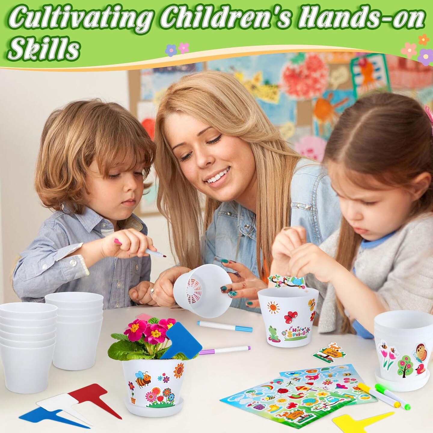 Set Paintable Flower Pot Activity Craft Kit - with Watercolor Pens, Plant Labels, and Stickers &#x2013; DIY Gardening Gift for Kids, Fun Activity for Boys and Girls