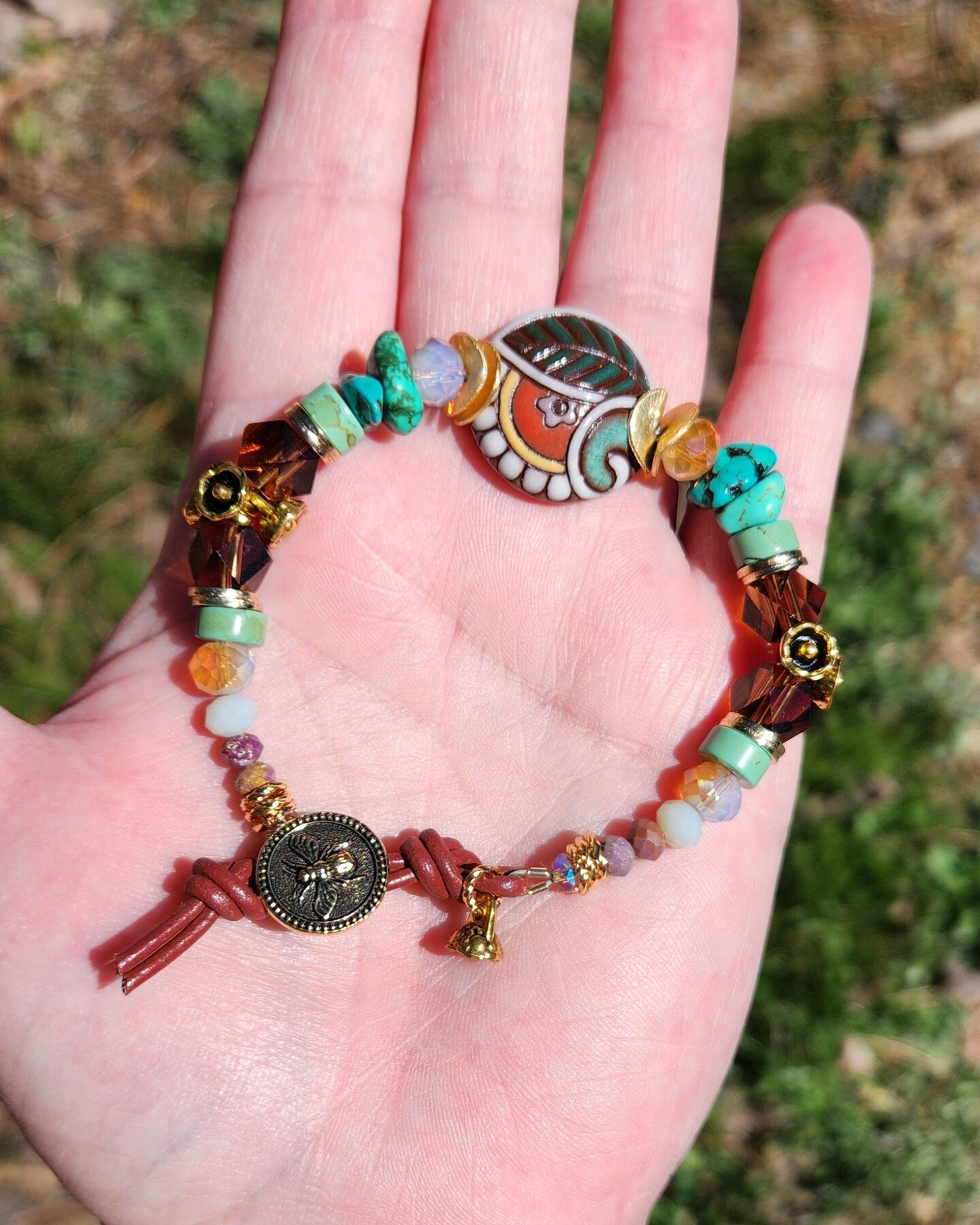 Handmade Ceramic and Gemstone Bracelet with Bee Button - 7.5