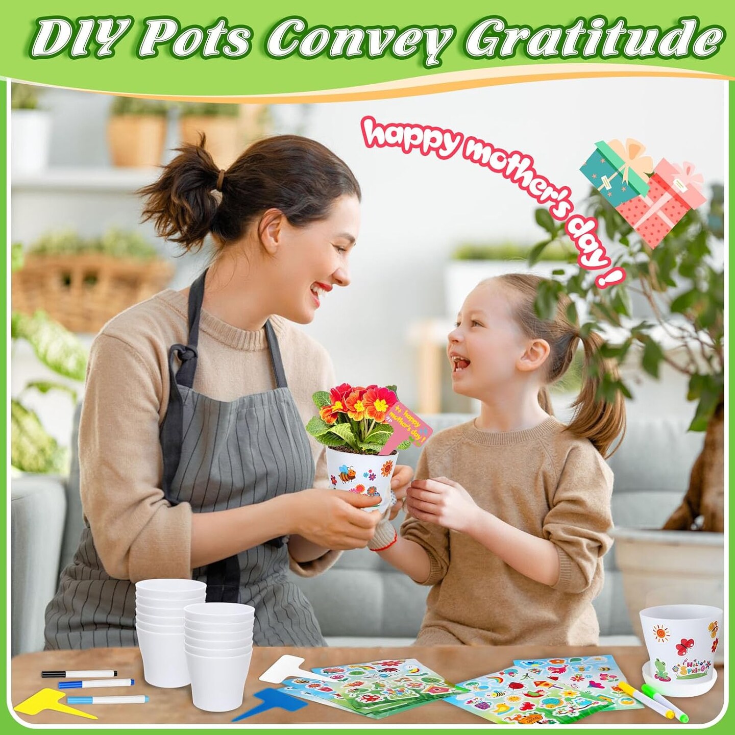 Set Paintable Flower Pot Activity Craft Kit - with Watercolor Pens, Plant Labels, and Stickers &#x2013; DIY Gardening Gift for Kids, Fun Activity for Boys and Girls