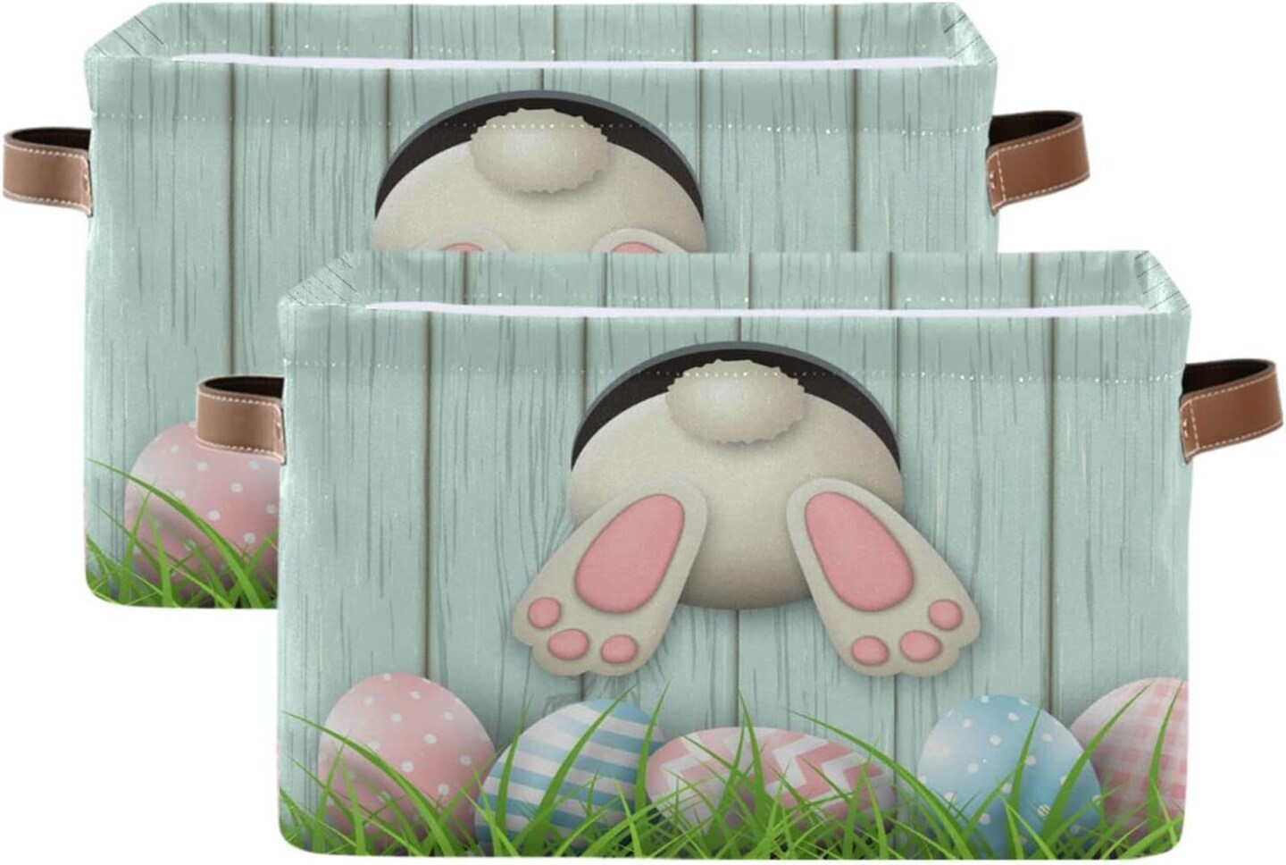 Easter Basket with Handles, Easter Bunny Bottom with Pink and Blue Eggs Foldable Fabric Collapsible Storage Bins Organizer Bag for Storage Clothes