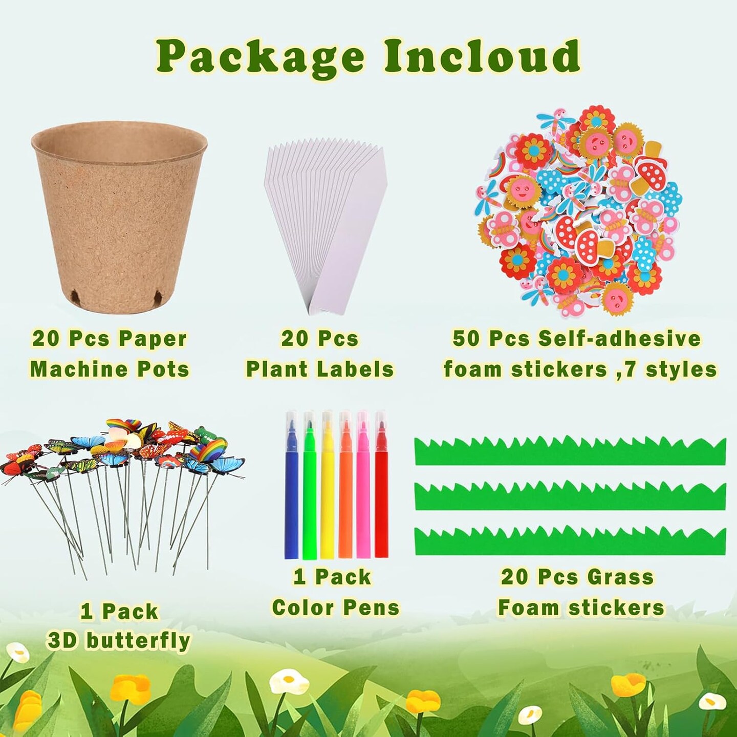 Garden Paper Pot Craft Kit 20 Pack Flower Plant Spring Craft with 50pcs Adhesive Foam Stickers 20pcs Paper Mache Pots Label Pen Flower Planting Growing Kit Science for Kids