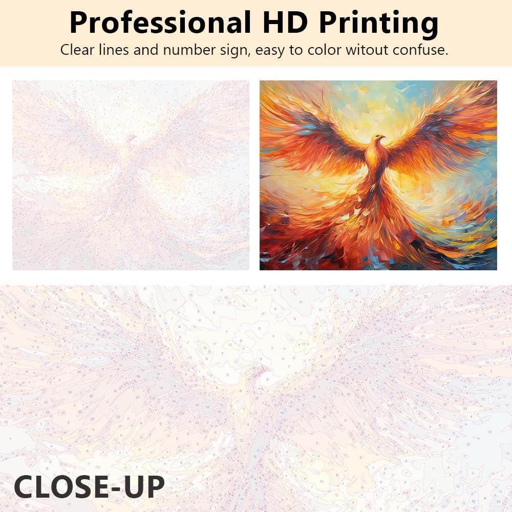 Bird Paint by Number, Beautiful Elegance Phoenix Spreading Wing Adults&#x27; Paint-by-Number Kits Phoenix Paint by Numbers for Adults DIY Oil Painting with Brushes and Pigment, 16x20 Inch