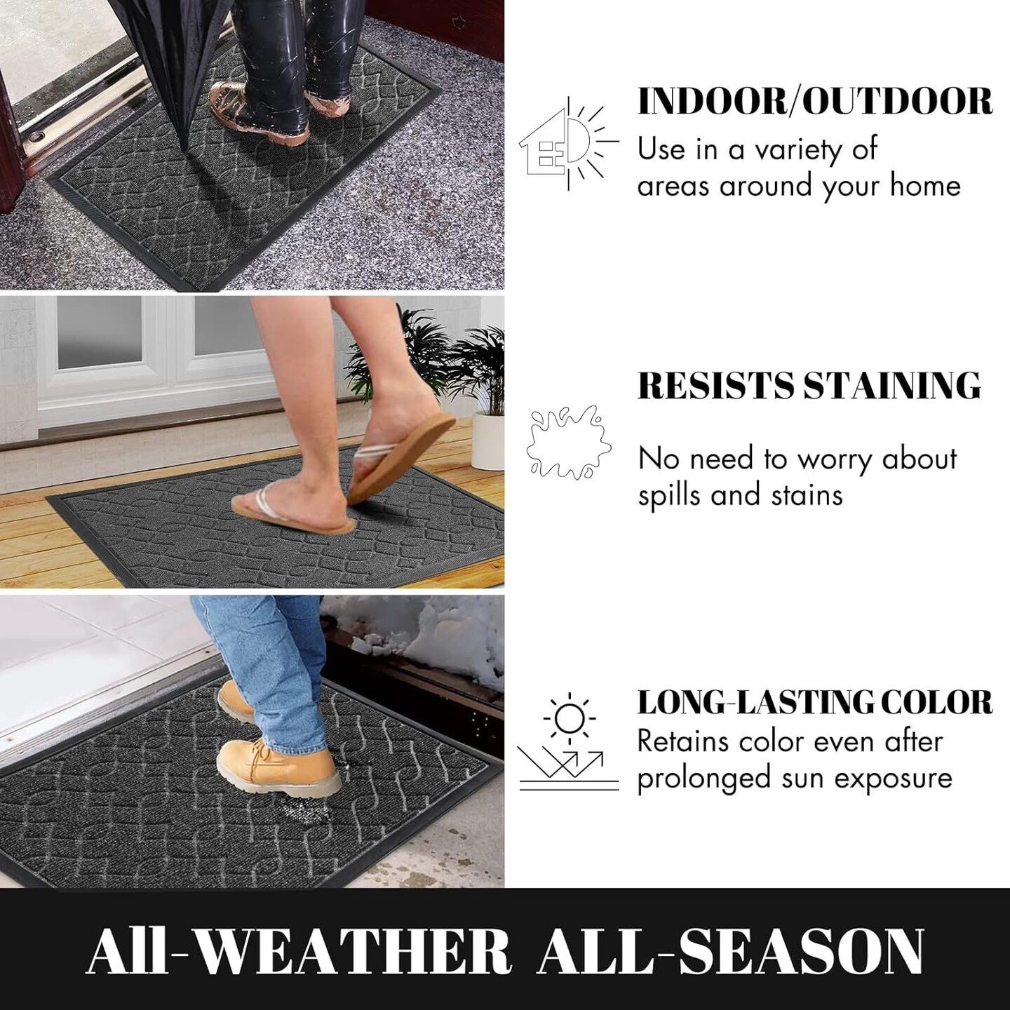 Front Door Mat Outside Entrance, All-Weather All-Season Welcome Doormat Outdoor Indoor, Natural Rubber, Stain and Fade Resistant, Low Profile, Easy Clean Patio Porch Mat, 29.5x17, Gray
