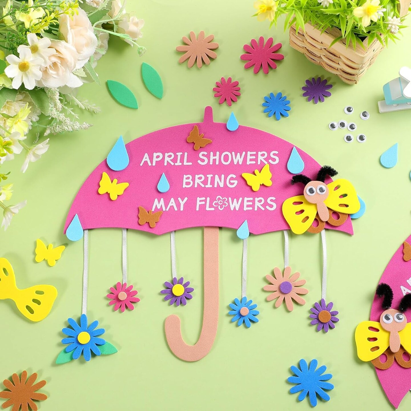 12 Set Spring April Showers Bring May Flowers Craft April Showers Sign Craft Kit Spring Rain Sign DIY Arts Spring Foam Stickers for Kids Boys Girls Party Favor