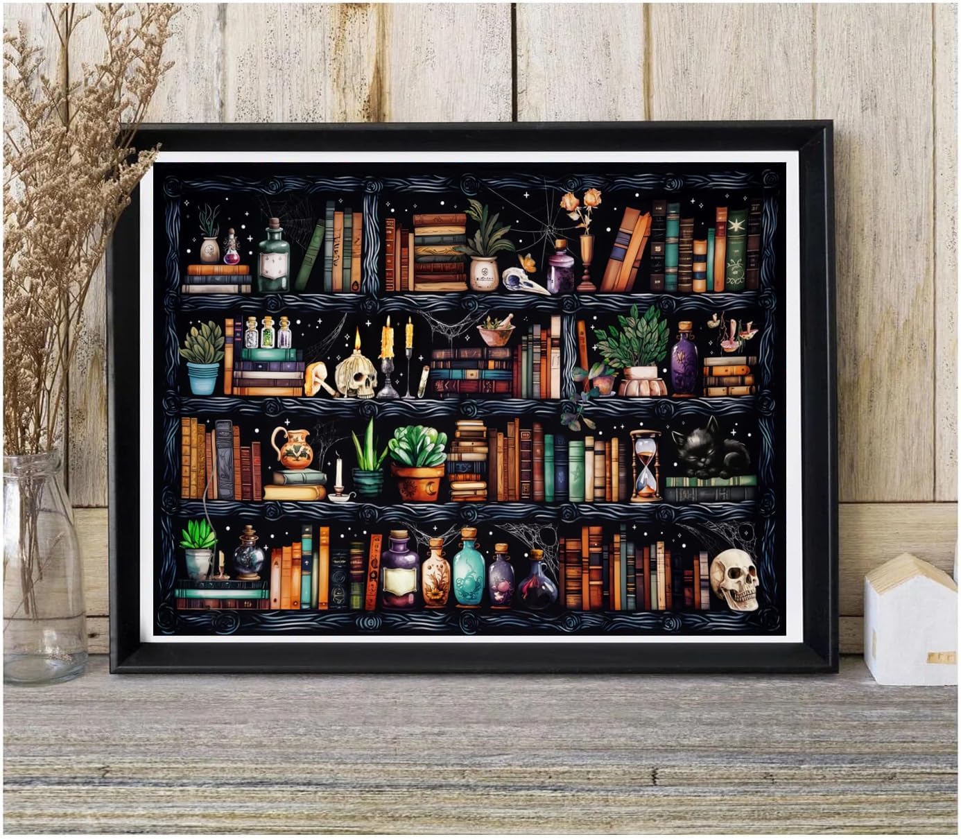 Bookshelf Paint by Numbers for Adults,Goth Skull Paint by Numbers for Adults Beginner,Magical Book Vintage Botanical Paint by Numbers on Canvas for Home Wall Decor 16X20 Inch