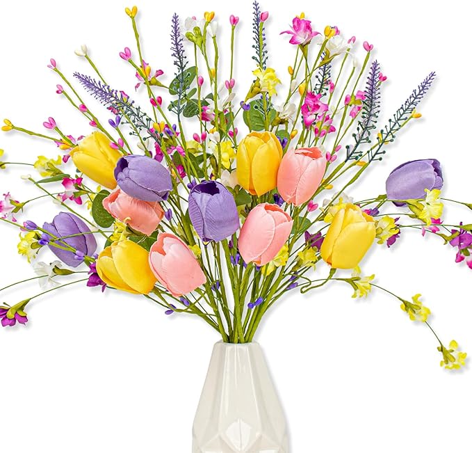 Artificial Spring Flowers 12 Pack Spring Flower Stems 17 Inch Floral Picks with Pink Yellow Purple Tulips Wildflowers for Centerpieces Vases Floral Arrangements Summer Easter Decor