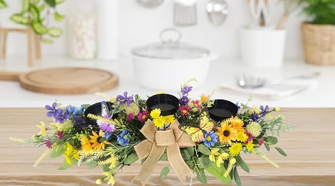 Candle Holders Spring Summer Centerpiece,3 Wick Candle Holder with Daisy and Sunflowers, Perfect for Spring Decor,Easter Centerpiece Table Decor,Indoor Home Decor,Desktop Decor