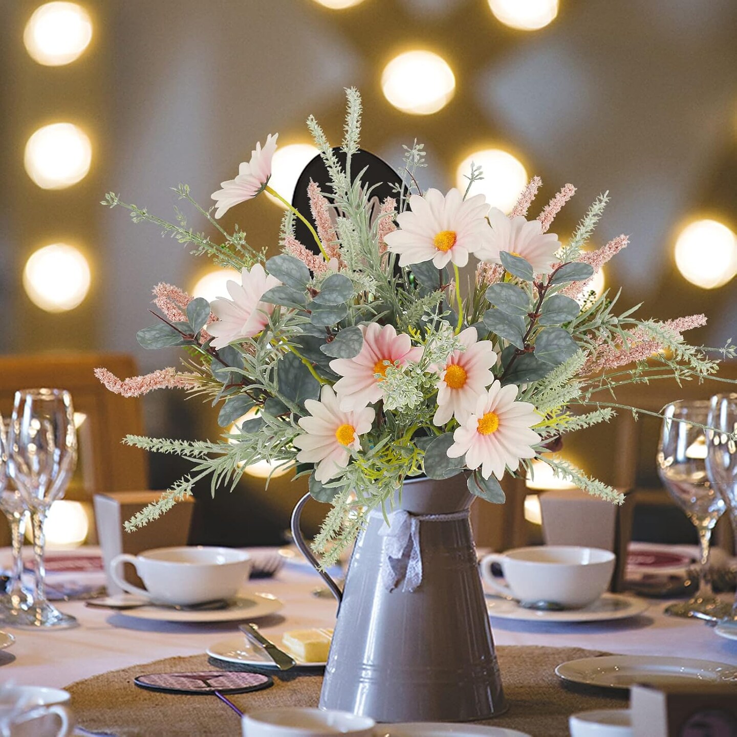 2 Bundles Artificial Daisy Flowers Fake Flowers Bouquet Faux Silk Flower with Eucalyptus Stem for Home Table Centerpieces Party Indoor Decor (Pink)