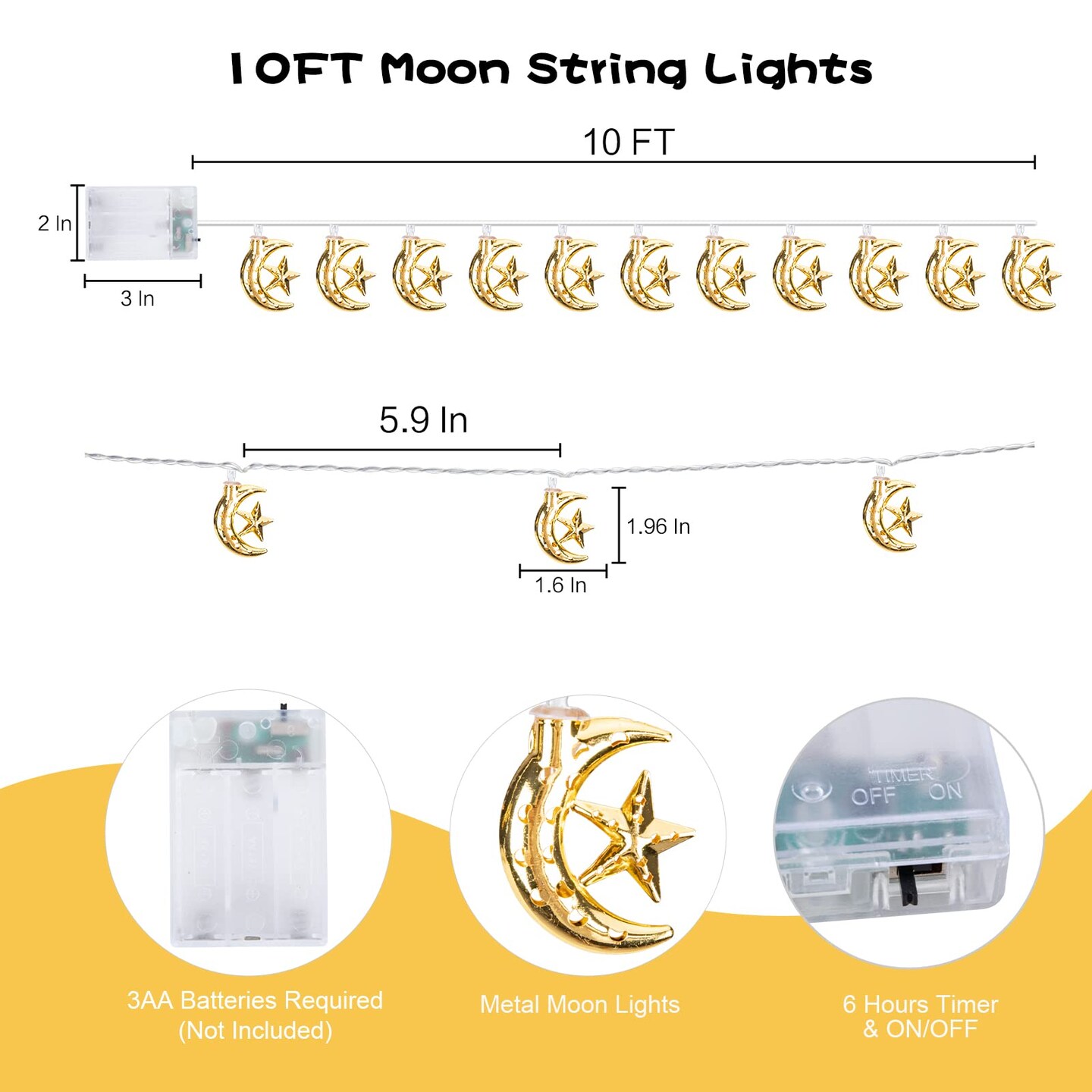 Vigdur Ramadan String Lights - 20 LEDs Eid Mubark Moon Star Fairy Lights Battery Operated with Timer, Ramanda Decoration Lights for Eid Al Adha Ramadan Home Decor, 10FT