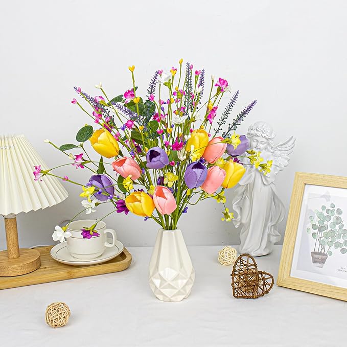 Artificial Spring Flowers 12 Pack Spring Flower Stems 17 Inch Floral Picks with Pink Yellow Purple Tulips Wildflowers for Centerpieces Vases Floral Arrangements Summer Easter Decor