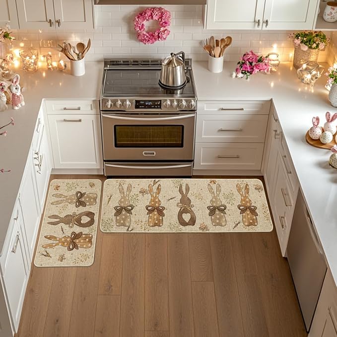 Wood Carrots Rabbit Bunny Easter Kitchen Mats Set of 2, Spring Home Decor Low-Profile Kitchen Rugs for Floor - 17x29 and 17x47 Inch