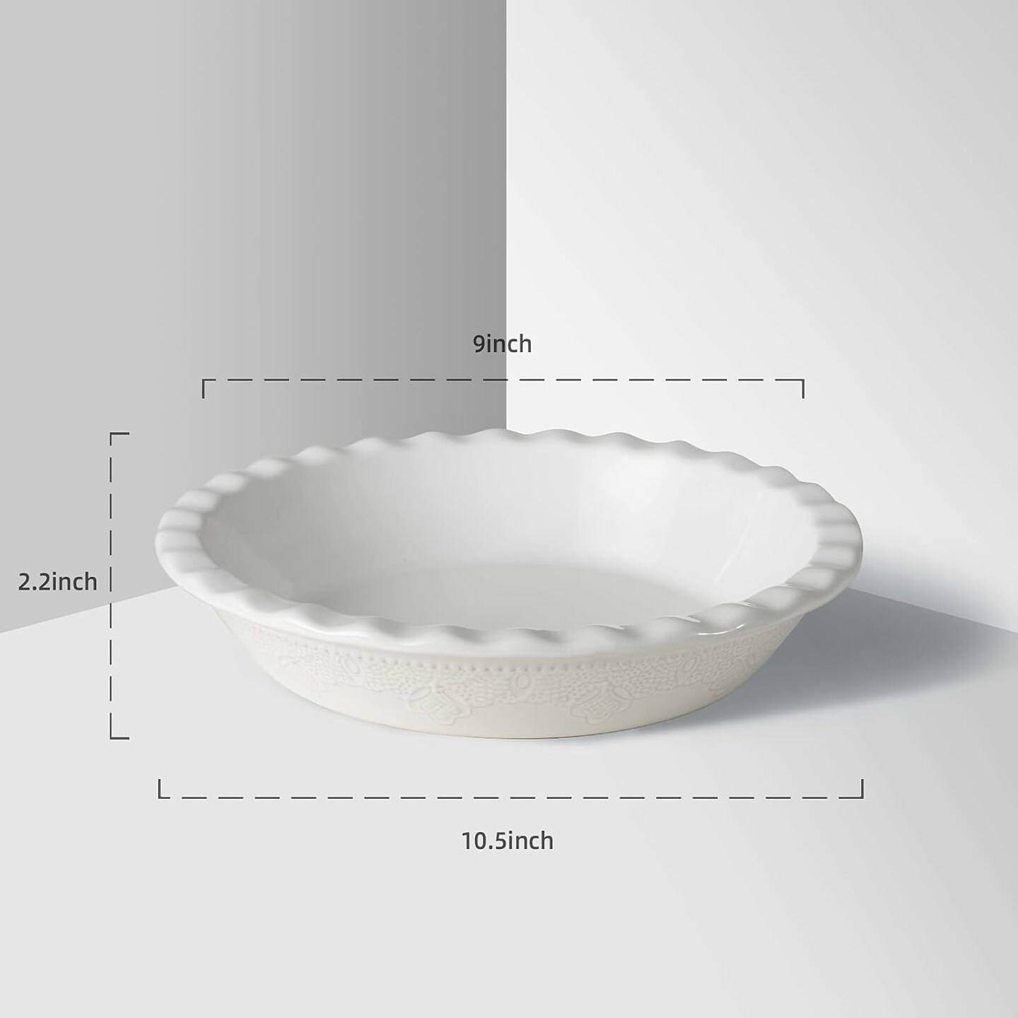 9 Inch Ceramic Pie Dish, Deep Dish Pie Pan with Lace Emboss, Ruffled Pie Plate for Baking