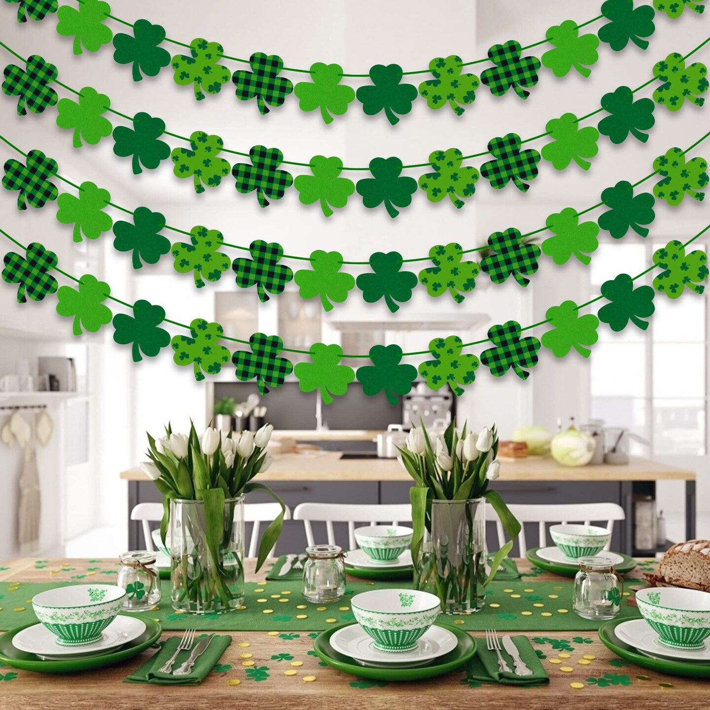 4PCS Felt Shamrock Clover Garland Banner - NO DIY, St. Patrick&#x27;s Day Decorations - Buffalo Plaid Dark Green Light Green Happy St. Patrick&#x27;s Day Banner for Home Mantel Office Irish Day Party Supplies
