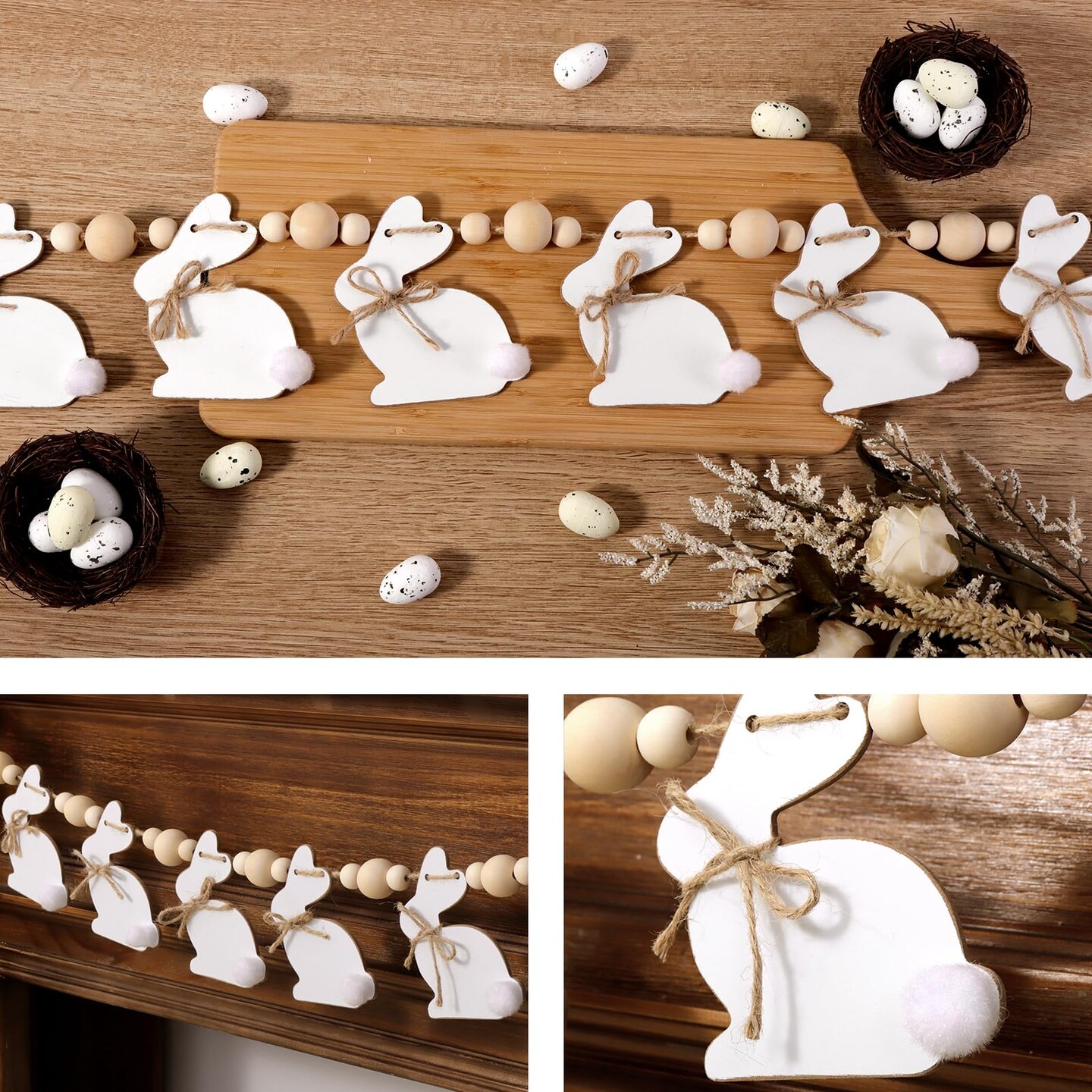 Bunny Chorus Easter Decorations Garlands, Cute Easter Bunny with Wooden Beads Garland, Rustic Easter Banner for Wall Home Indoor Outdoor Spring Decor Supplies