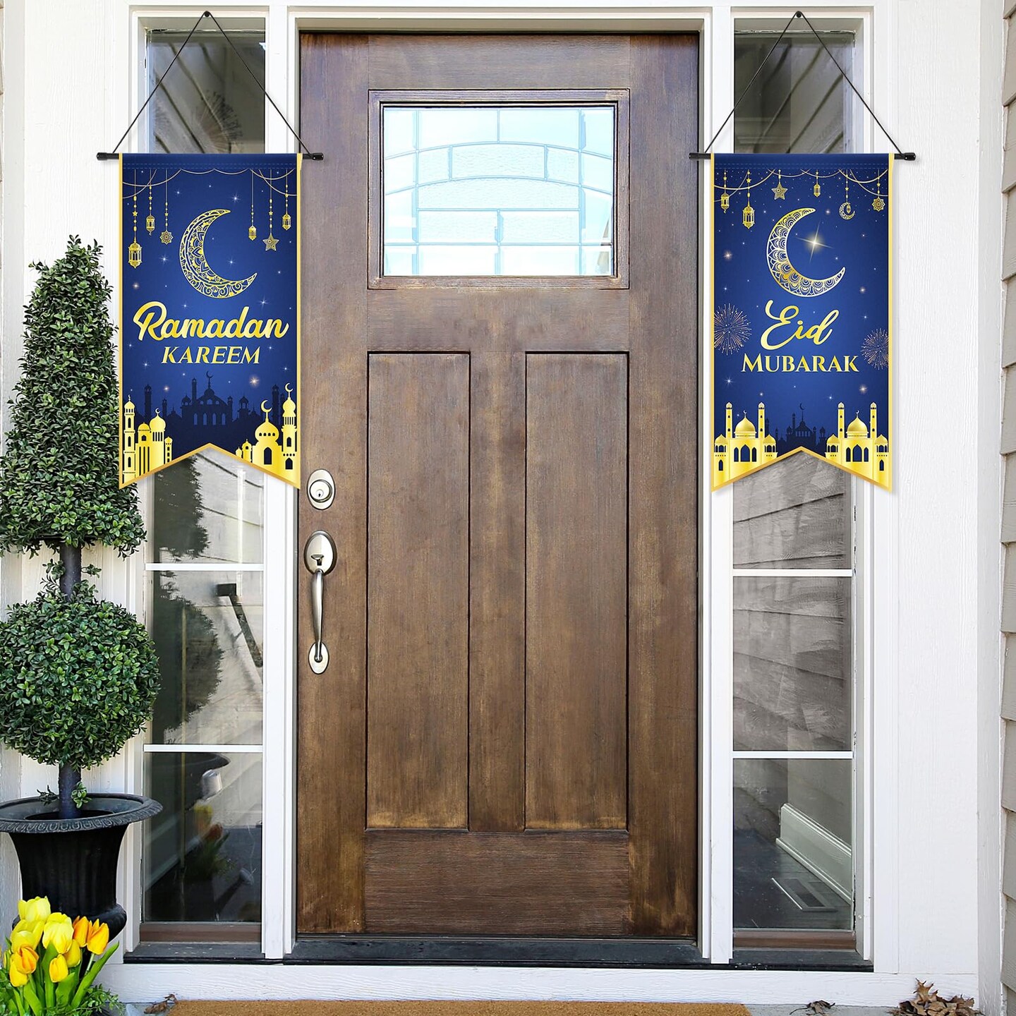 2PCS Eid Mubarak Decorations Ramadan Kareem Hanging Door Sign Ramadan Mubarak Banner Party Decorations Welcome Wall Banner for Party Supplies