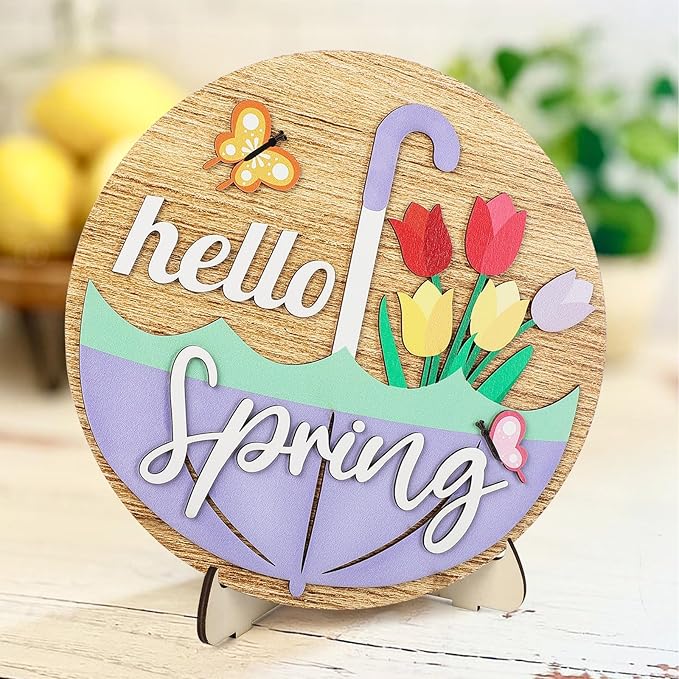 Hello Spring Wooden Table Sign, Spring Table Decor Wood Round Shape 3 ...