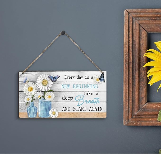 Inspirational Wood Sign(10.2" x 5.2"), Spring Decorations for Home, Hanging Decoration with Motivational Sayings, Colorful Daisy Hanging Sign for Home Decor Office Kitchen Housewarming Gift