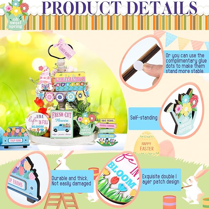 14PCS Spring Tiered Tray Decor – Farmhouse Gnome Flower Signs