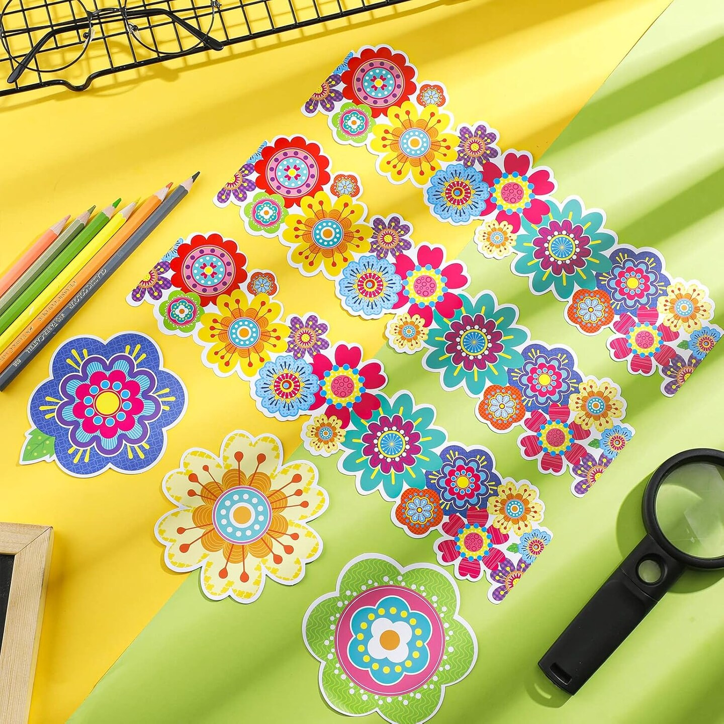 67 Pieces Spring Flower Bulletin Boards Decoration Set Included 37ft Bulletin Board Borders and 27 Pieces Flower Cutouts Offices Wall Decoration(Mixed Flowers)