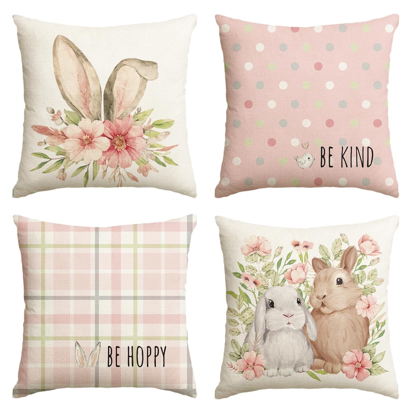 AVOIN colorlife Easter Rabbit Flower Buffalo Plaid Be Hoppy Throw Pillow Cover, 18 x 18 Inch Polka Dot Bird Be Kind Cushion Case Decoration for Sofa Couch Set of 4