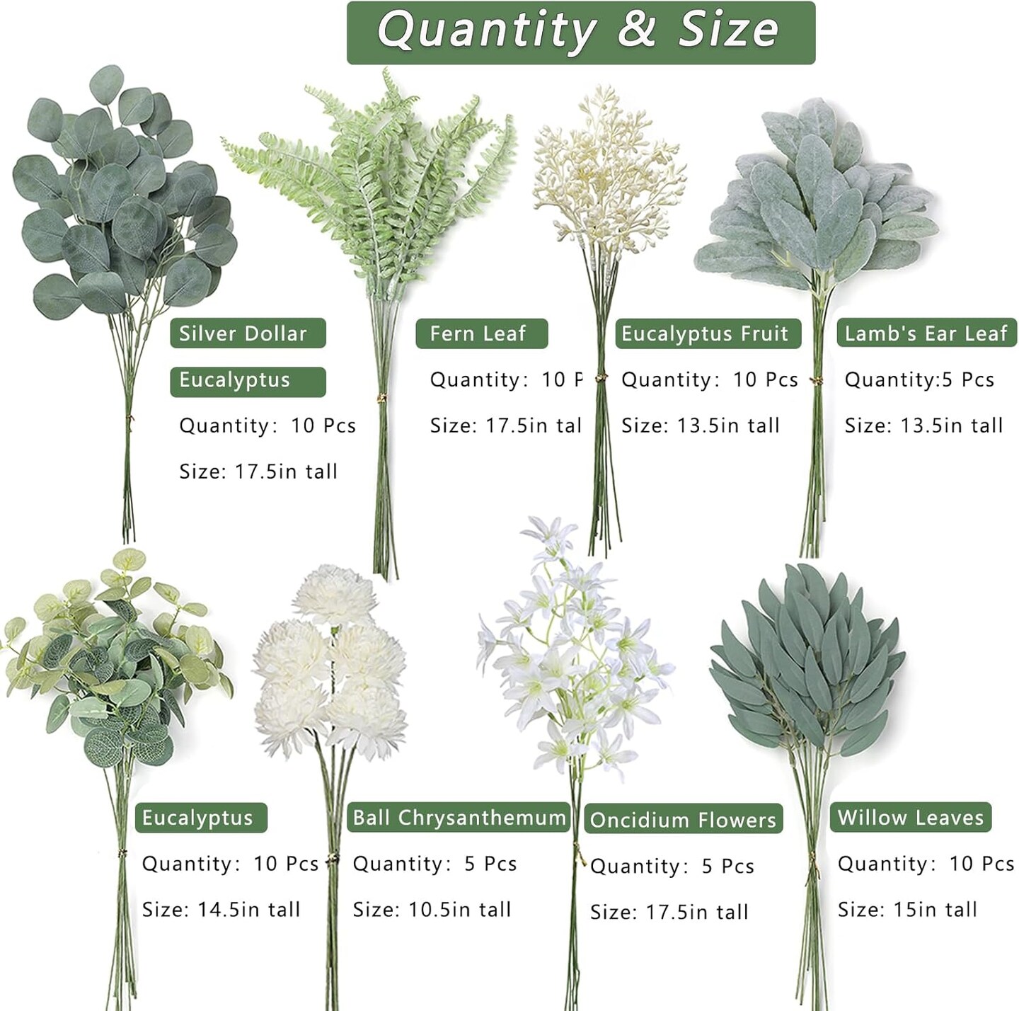 Artificial Greenery Stems Box Set(Pack of 65pcs) with 8 Kinds of Faux Plants and Fake Flowers