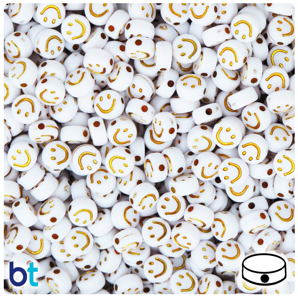 BeadTin White Opaque 7mm Coin Plastic Alpha Beads - Gold Smiles (250pcs)
