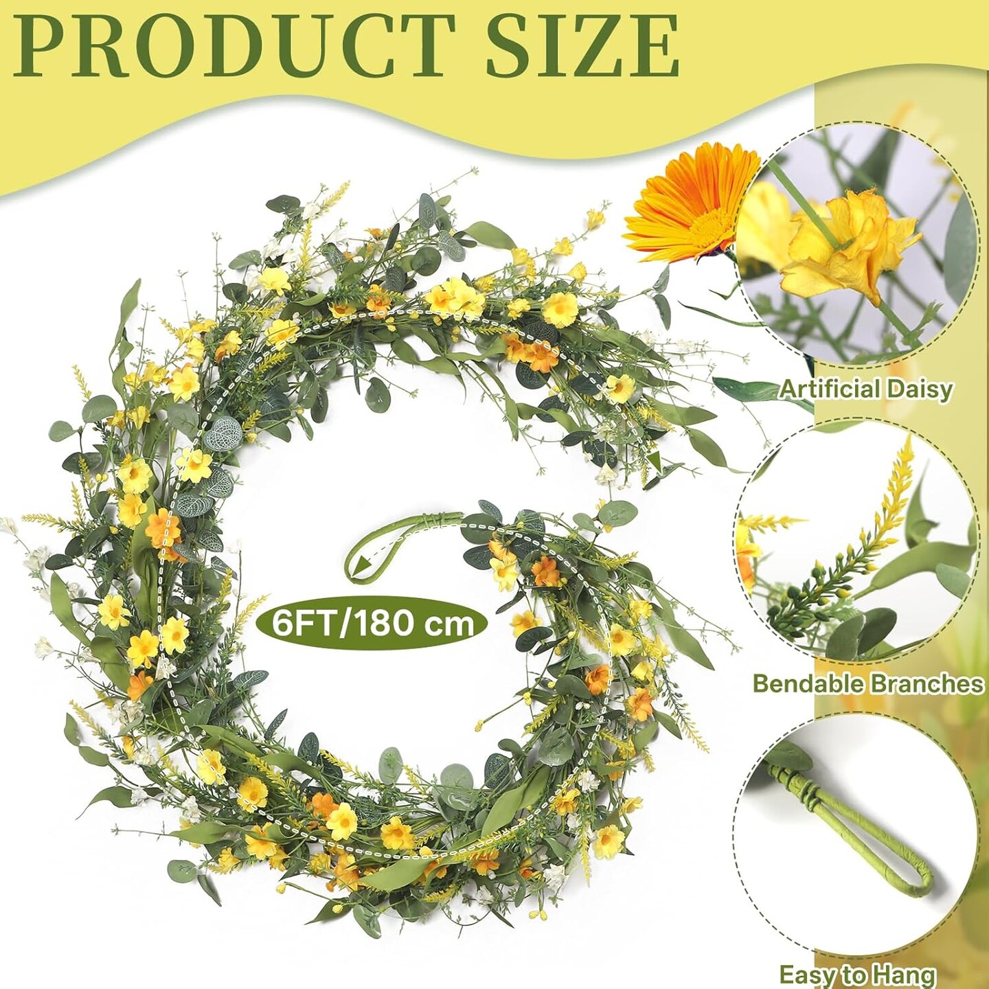 Daisy Garland for Mantle, 6Ft Artificial Spring Garland for Table Centerpiece All Year Round Home Decor,Gorgeous Summer Garland for Indoor Outdoor Farmhouse Wedding Arch Porch Staircase Floral Decor.