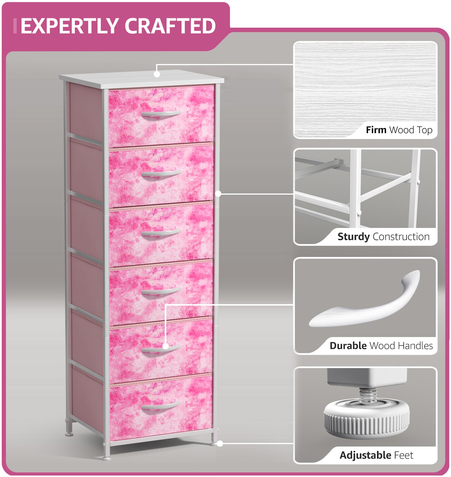 Sorbus 6 Drawers Tall Dresser with Steel Frame, Wood Top & Easy Pull Foldable Fabric Bins