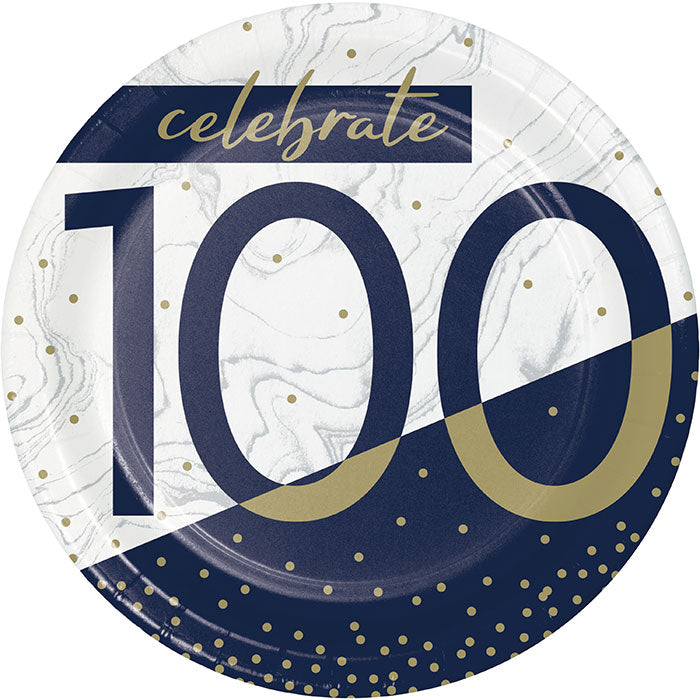 Bulk Pack of 24 Navy &#x26; Gold Milestone Paper Dessert Plates &#x22;100&#x22;
