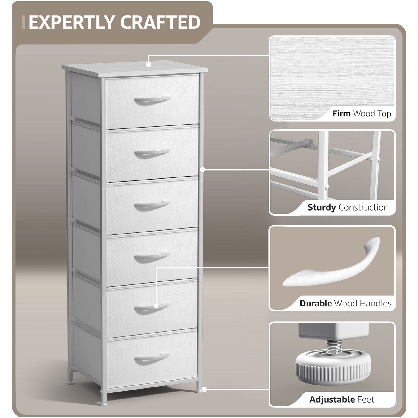 Sorbus 6 Drawers Tall Dresser with Steel Frame, Wood Top & Easy Pull Foldable Fabric Bins