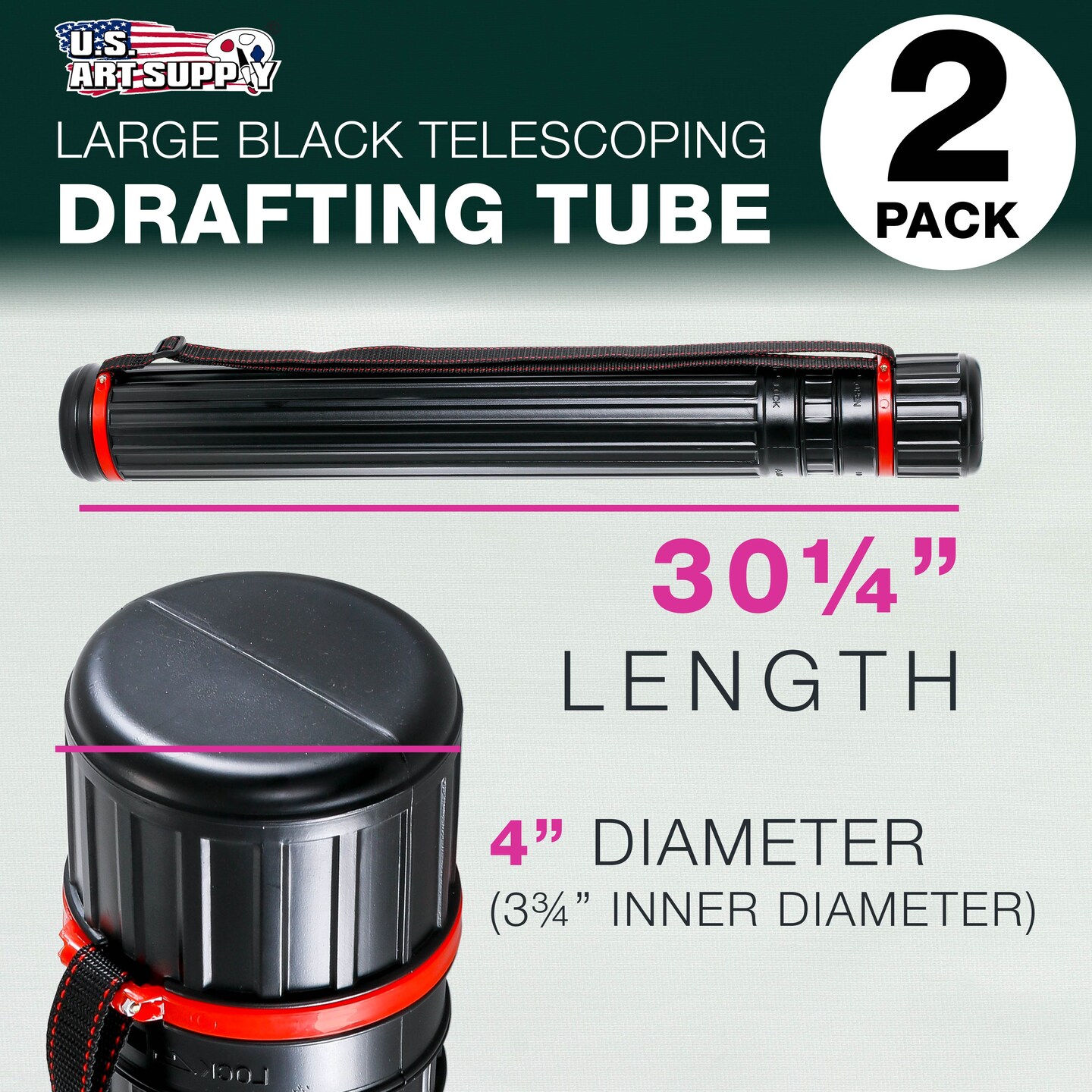 Black Telescoping Drafting Tube (Pack of 2) - 4" Outside/3-3/4" Inside Diameter, Expands 30-1/4" to 52", Durable Protection with Shoulder Strap - Ideal for Posters, Blueprints, Art