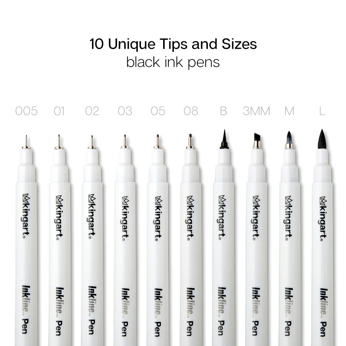 KINGART® Inkline™ Fine Line Art & Graphic Pens, Archival Black Japanese Ink, Set of 10 Assorted Nibs