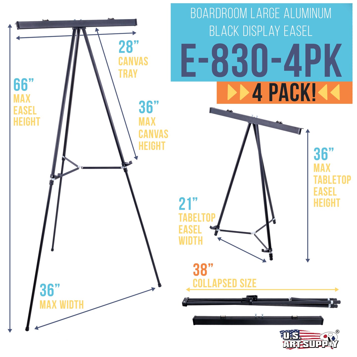 66" High Boardroom Black Aluminum Flip Chart Easel & Presentation Stand (4 Pack) - Adjustable Floor/Tabletop, Portable Tripod, Holds 25 lbs., for Chart Paper, Poster Boards, & Pads