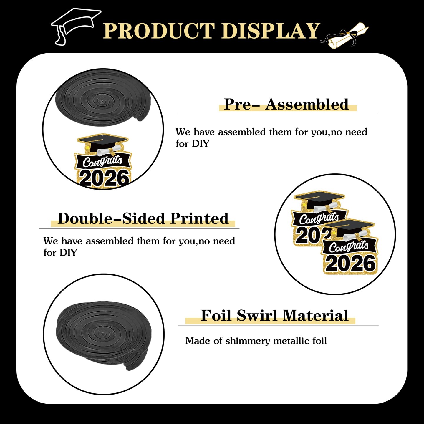 Black and Gold Graduation Decorations 2026 Class of 2026 Decorations - Includes 32 Inch Gold 2026 Balloons, Congrats Grad Banner, Tablecloth, Sash, Centerpieces - College High School Party Supplies