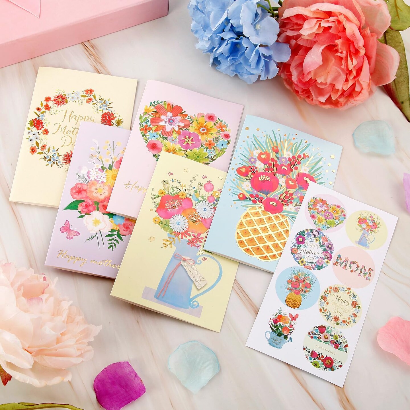 24-Piece Happy Mother's Day Greeting Cards – Gold Foil Watercolor Floral Blank Note Cards with Pink Envelopes & Stickers, Assorted Styles for Holiday, Party, and Celebration