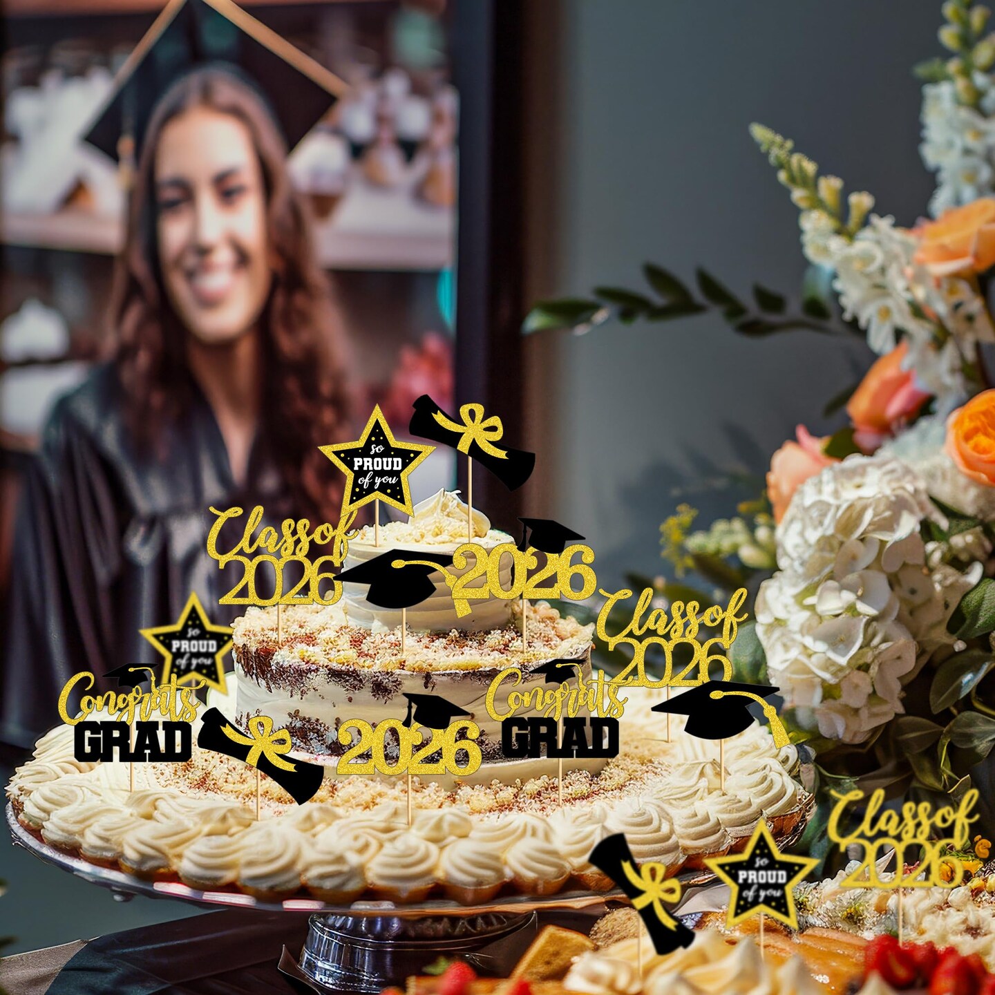 48 PCS Graduation Cupcake Toppers, 6 Styles Congrats Grad Cake Topper, Black and Gold Graduation Decorations 2026, Glittery Cap and Diploma Cake Picks for Grad Party Decor Supplies