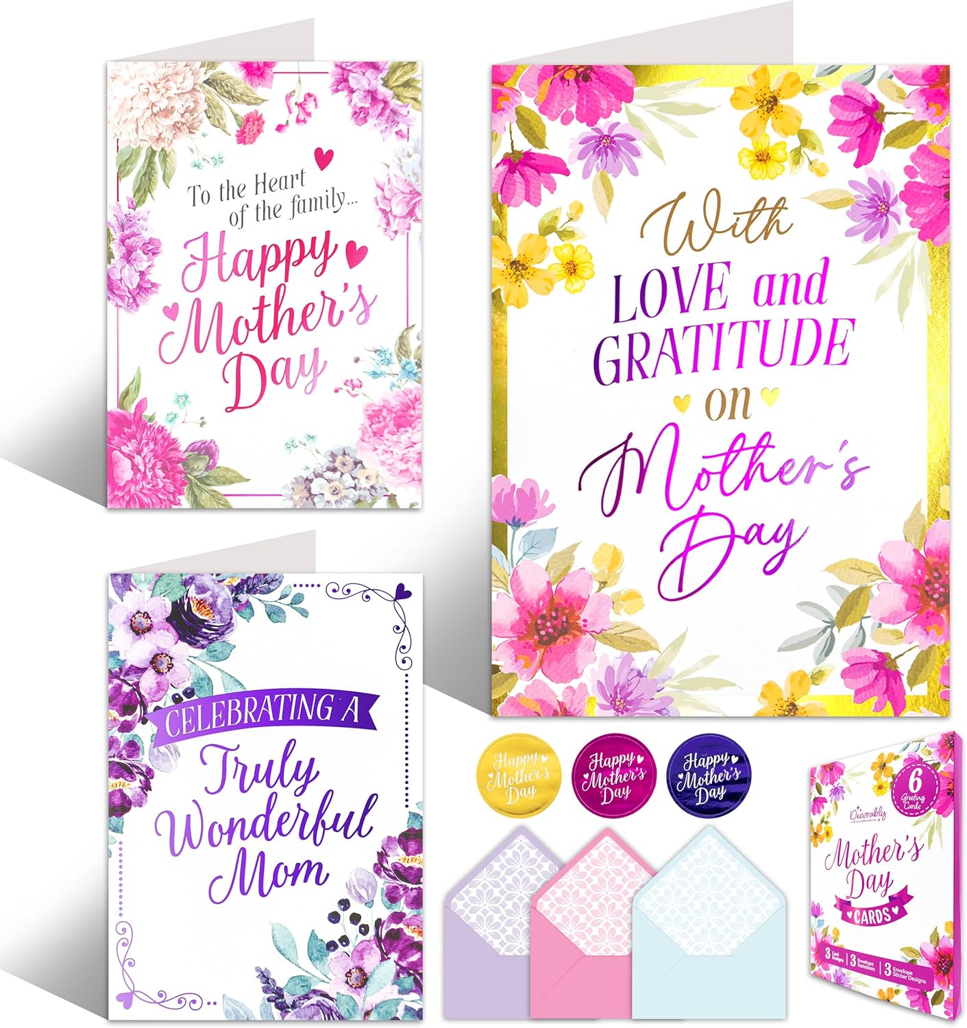 6-Pack Foiled 5x7 in Mother’s Day Cards with Envelopes & Stickers – 3 Elegant Floral Designs, Printed Messages Inside