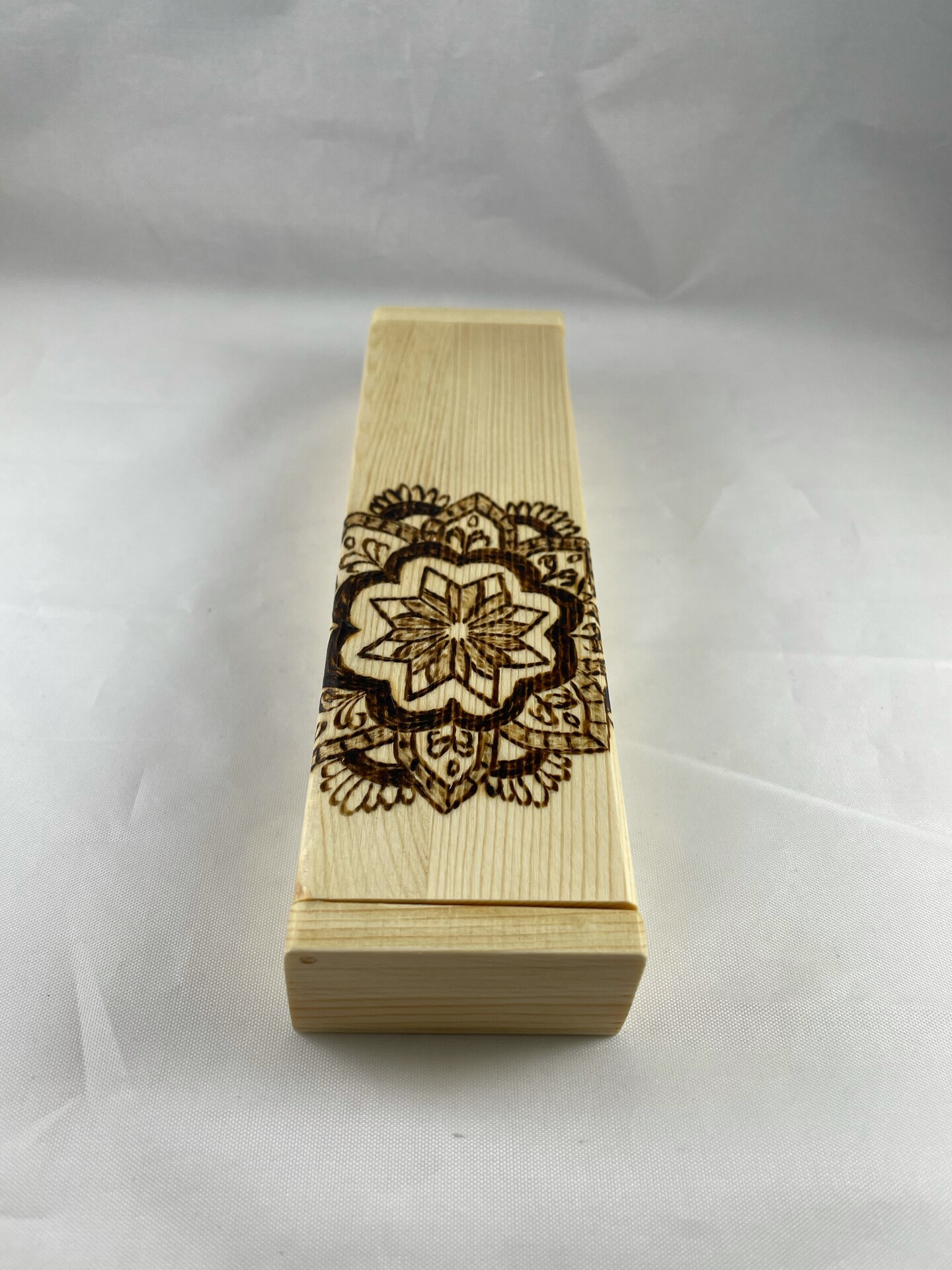 Mandala Wood Burned Pencil Box, Pyrography Wood Burning Art, Hinge