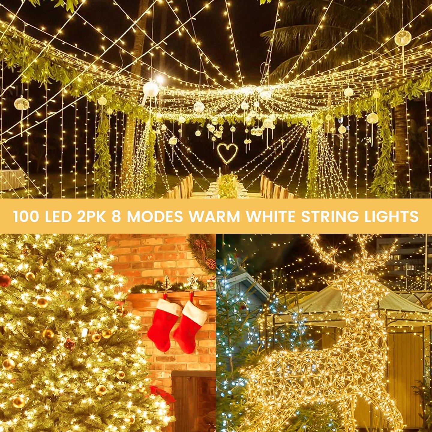 2 Pack Christmas String Lights Battery Operated with Timer, 66FT 200 LED Waterproof Twinkle Lights, 8 Modes Fairy Lights for Indoor & Outdoor Bedroom Garland Tree Christmas Decorations (Warm White)