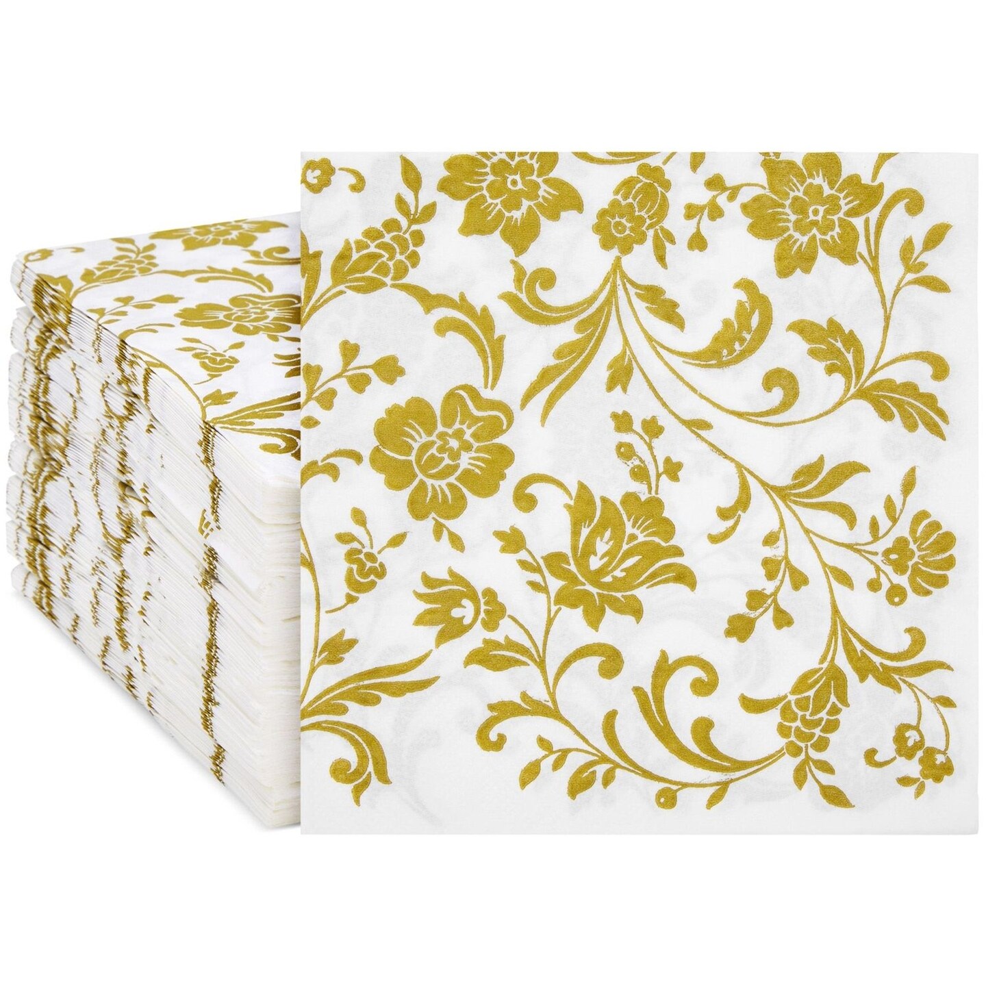 BLUE PANDA 100 Pack White &#x26; Gold Disposable Floral Paper Napkins, 6.5x6.5 Inches, Decorative Napkins for Wedding Reception, Birthday, Anniversary