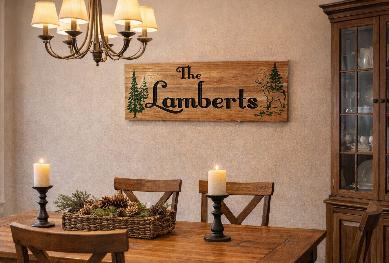 Personalized Family Name Wood Sign with Deer | Rustic Cabin and
