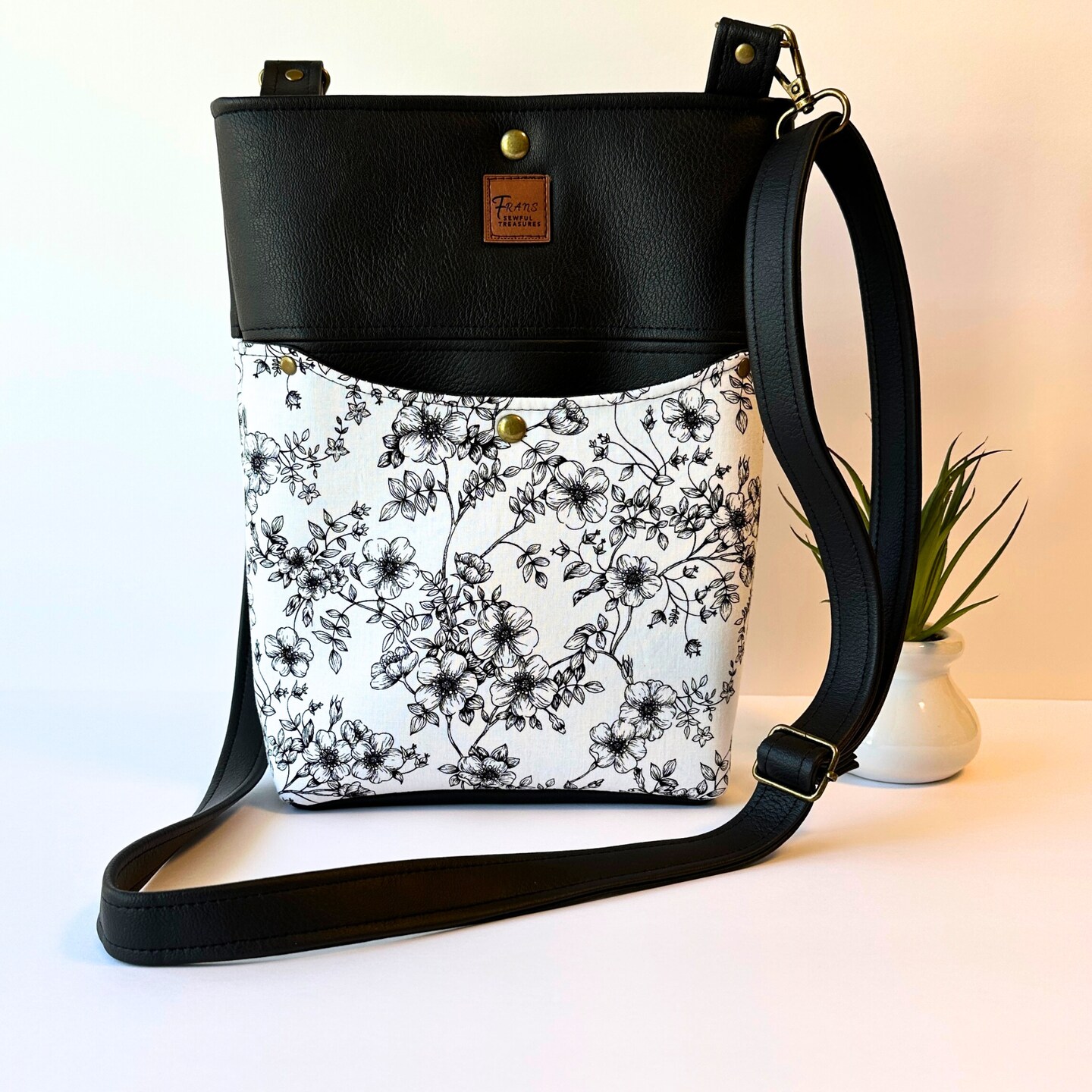 Black Floral Faux Leather Crossbody Bag with Adjustable  display picture 3