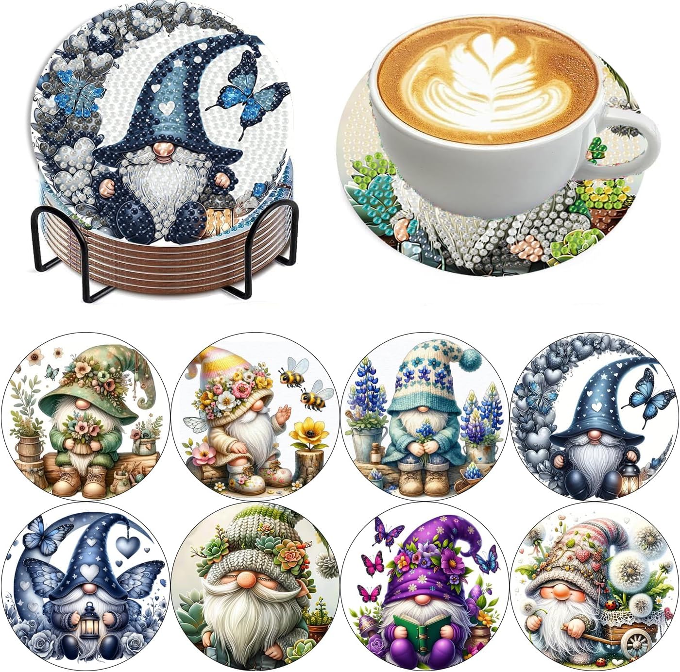 Gnomes Diamond Painting Coasters Kit Set with Holder Cork Pads