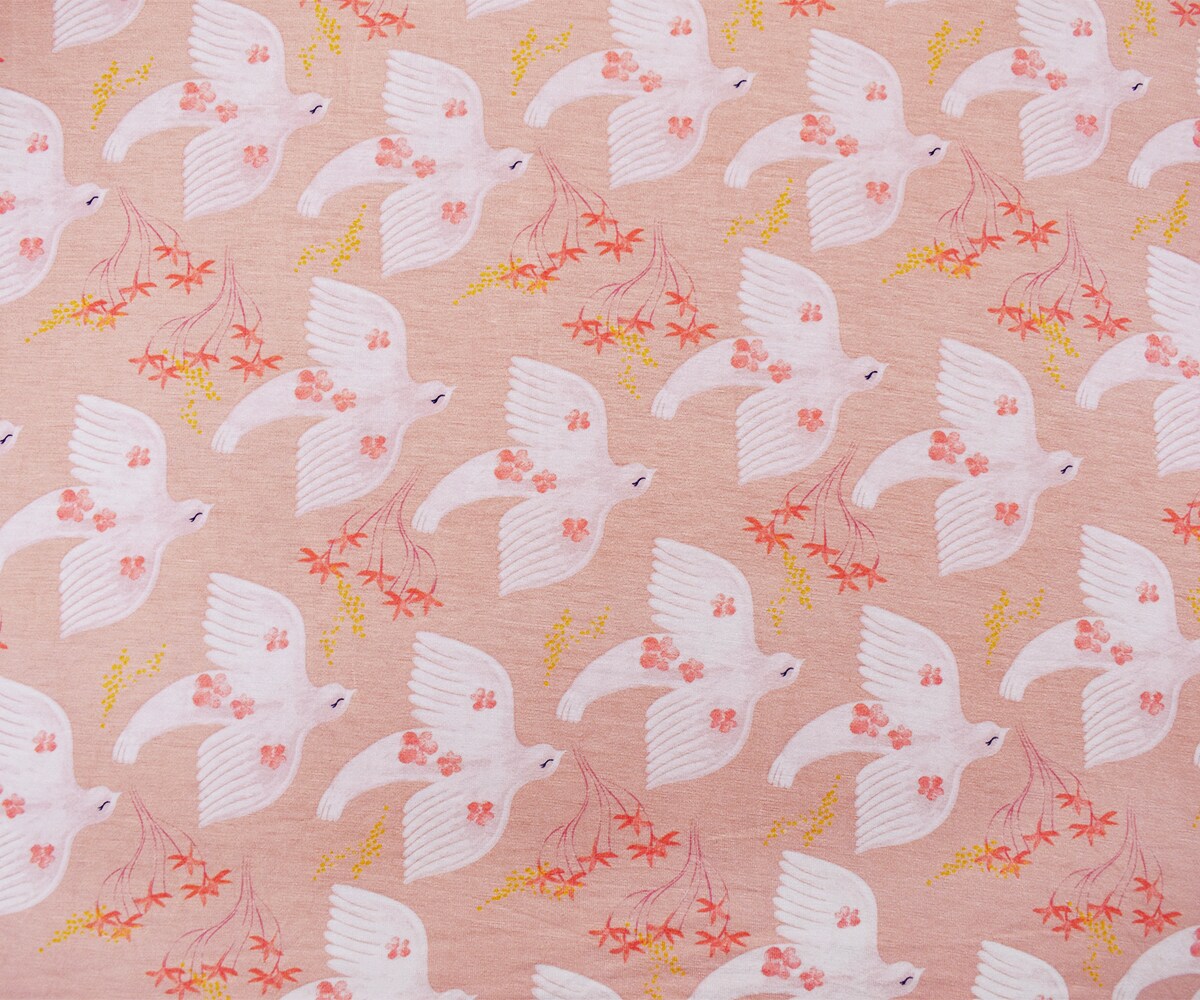 Peach-Multi Rayon Modal Bird Flower Print Stretch Spandex Jersey Knit Fabric By the Yard